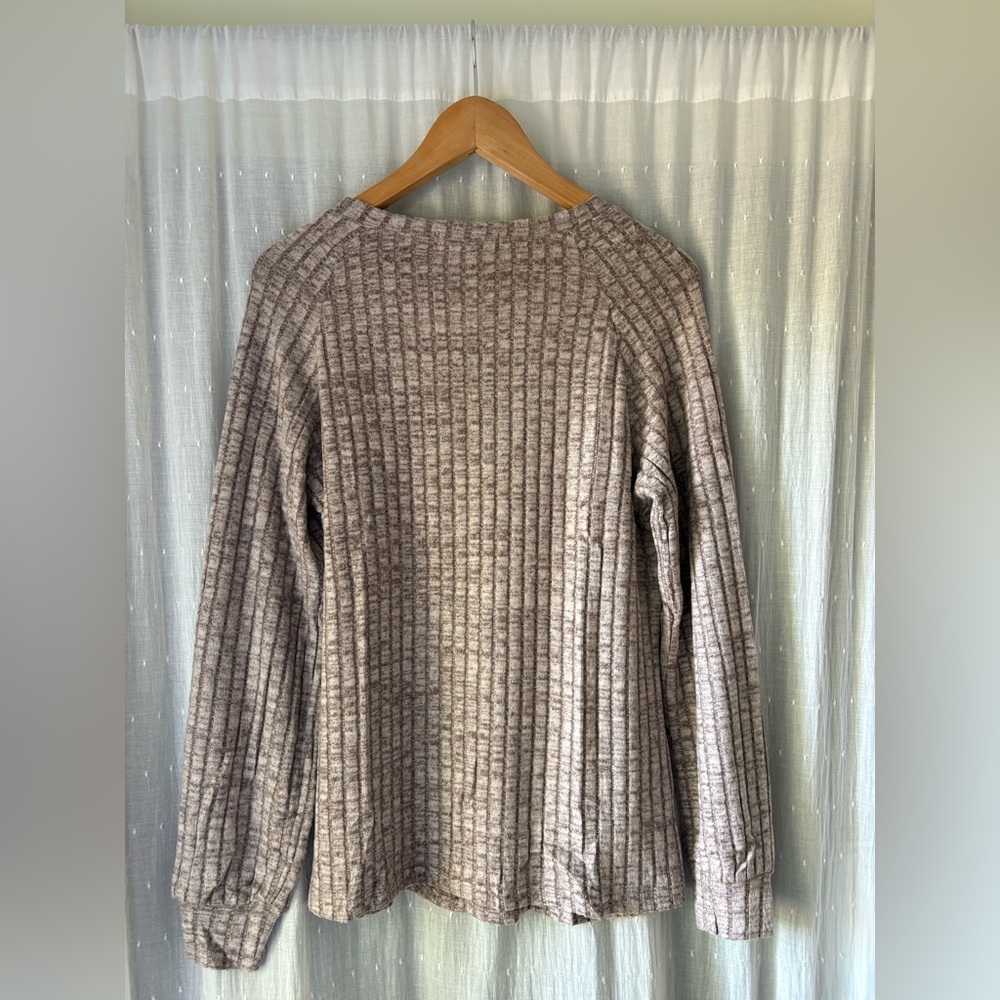 Ribbed Scoop Neck Button-Accent Sweater - Taupe - Picture 5 of 8